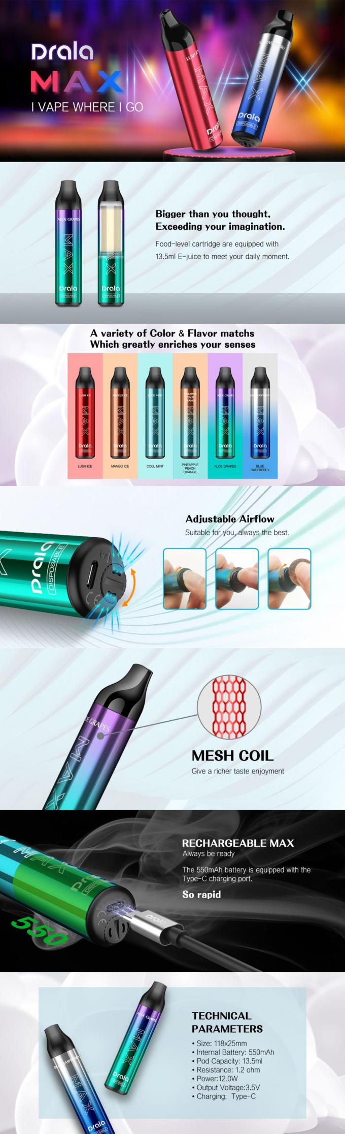 atomizador eletrônico descartável descartável dos cigarros de Vape 13.5ml do sopro 700mAh 6000 0